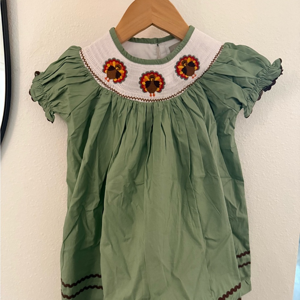 New! Baby girl Lil Cactus Smocked Turkey Dress green thanksgiving November